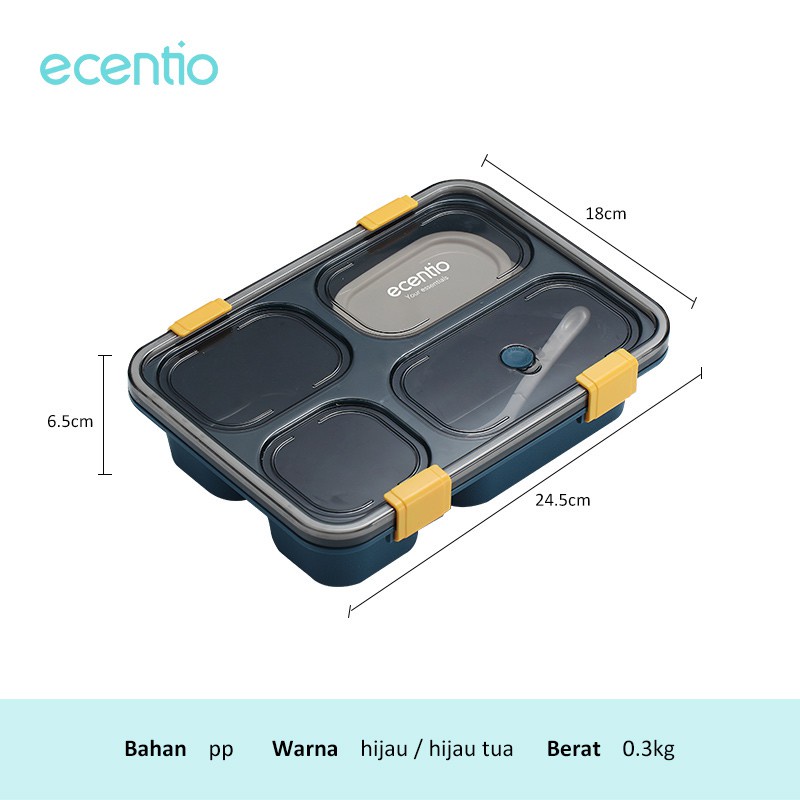 ecentio Kotak bento 3/4 Grid PP/lunch box 1300ml Free Sendok Sumpit BPA Free Kotak Tempat Makan