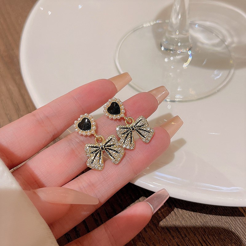 Fashion925 Perak Jarum Mewah Berlian Imitasi Busur Anting Wanita Anting Mutiara