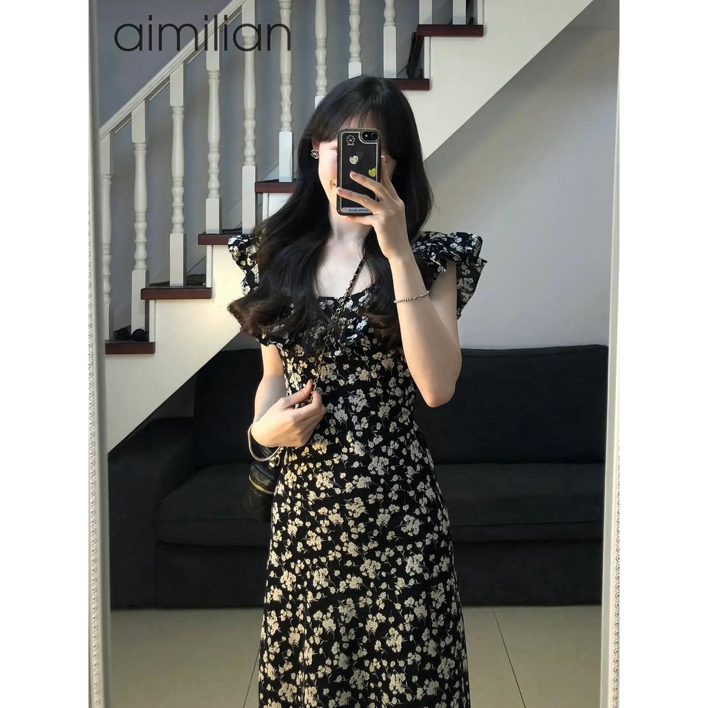 dress floral korea aimilianDress Musim Panas Wanita Hitam Shivering2023aKata Bertali Panjang Gaun