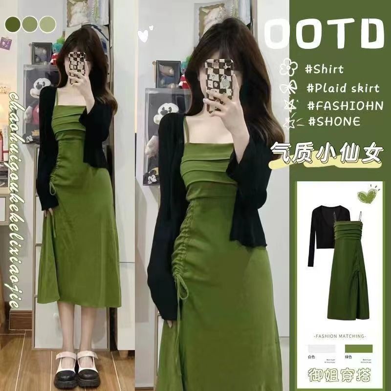 2023Gaun Hijau A-line Prancis, Gaun Ukuran Besar Selempang Tahan Matahari Dua Potong