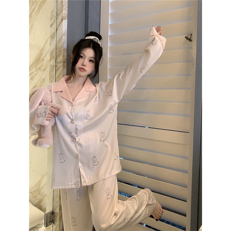 ✜❃✥celana wanita import sweet rabbit cetak piyama lengan panjang wanita musim semi baru home service suit bisa dipakai di luar celana piyama celana dua potong celana wanita celana highwaist