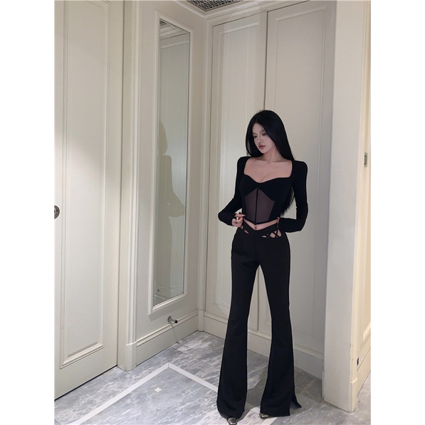 ♗celana wanita import hot girl mesh sexy short t-shirt top women s spring suit high waist flared pants casual pants two-piece pants wanita celana highwaist