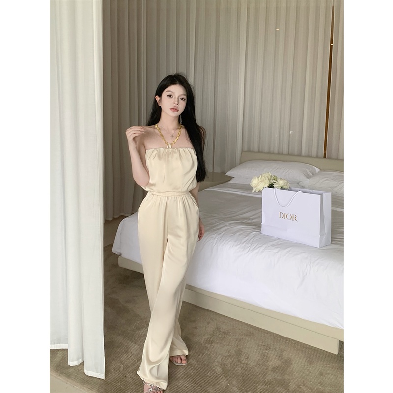 ▽ஐcelana wanita import apricot halter neck one-piece casual pants women s summer temperament all-match high waist slimming loose straight wide-leg pants celana celana wanita celana highwaist