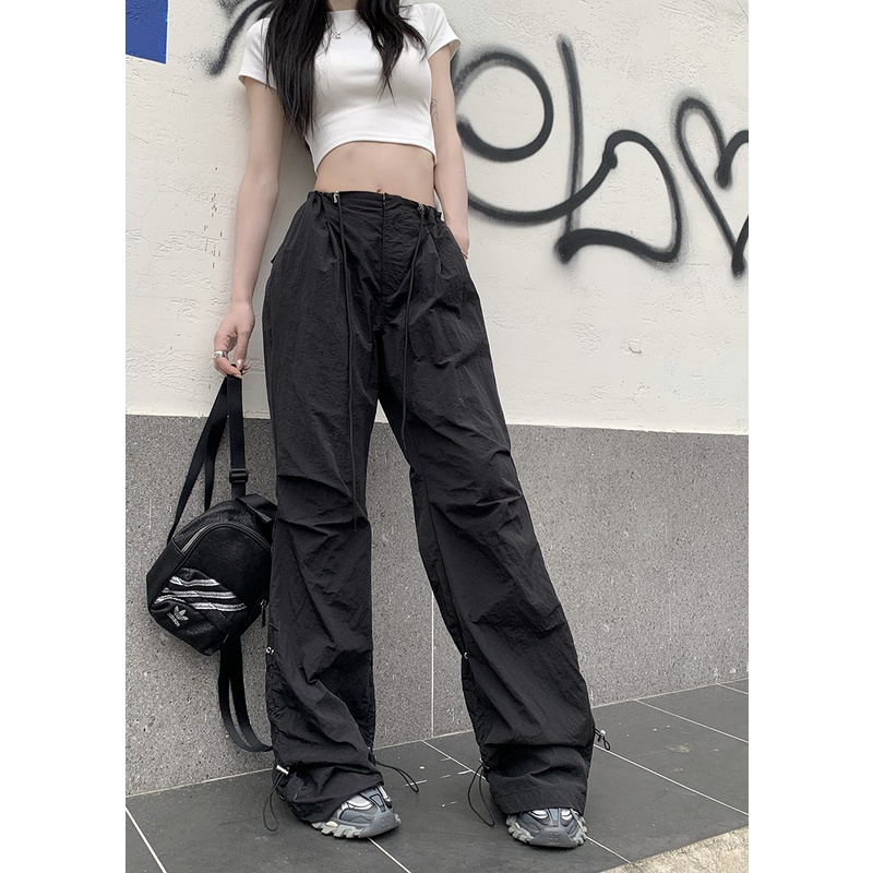 ❉﹊celana wanita import American street overall wanita musim panas serut lipit celana kasual pinggang tinggi hot girl celana lebar kaki mengepel celana celana wanita celana highwaist