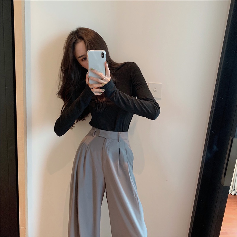 △₪celana wanita import casual pants women s summer new grey wide-leg suit celana pinggang tinggi slim tabung lurus drape longgar mengepel celana celana wanita celana highwaist