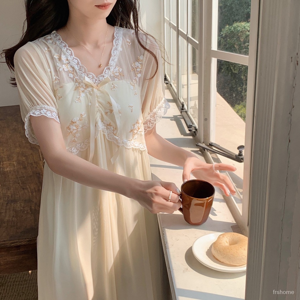 Gaun tidur wanita renda renda renda gaya pengadilan V-neck mesh rok panjang tengah bagian tipis piya
