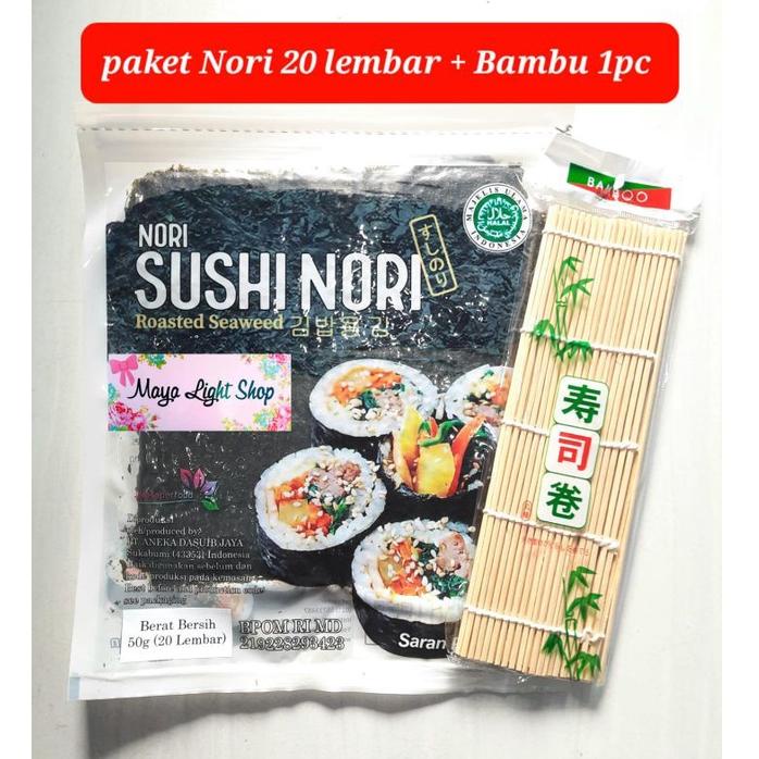 

TVVQQ Paket sushi nori 20 lembar + bambu penggulung bambu sushi bamboo halal kimbap bento nori rumput laut murah sushimat Seller )V