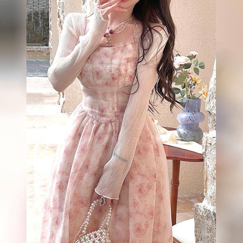 dress floral korea Rasakan Bunga Laut Pertama Cinta Rok Pink Mawar Manis Halter Gaun Panjang