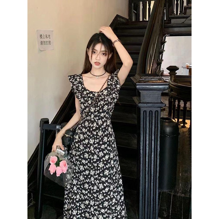 dress floral korea Gaun Rompi Bunga Rempel Wanita, Gaun Musim Panas2023Ketat Pinggang Gaya HepburnAL