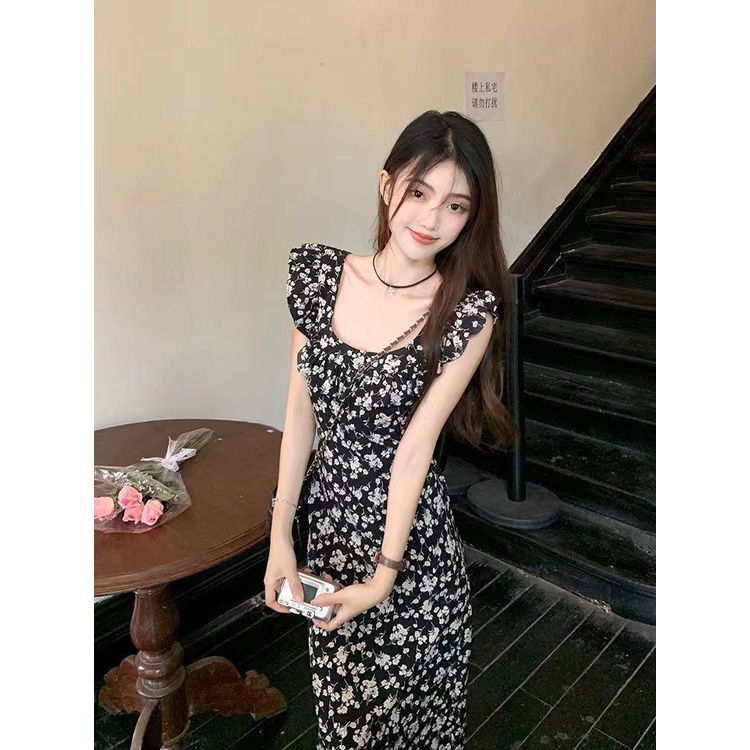 dress floral korea Gaun Rompi Bunga Rempel Wanita, Gaun Musim Panas2023Ketat Pinggang Gaya HepburnAL