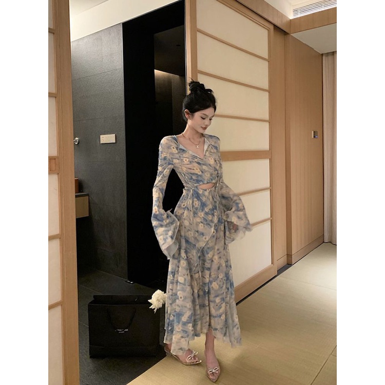 dress floral korea 【MerekLALADUDU】LemakmmGaun Motif Bunga Perancis untuk Wanita, Gaun Panjang Pelang