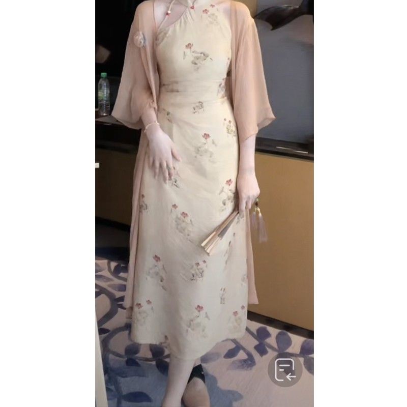 dress floral korea Yiyao【Lentera Wisata Meriah】Gaun Cheongsam Retro Gaya Tiongkok, Gaun Pelangsing P