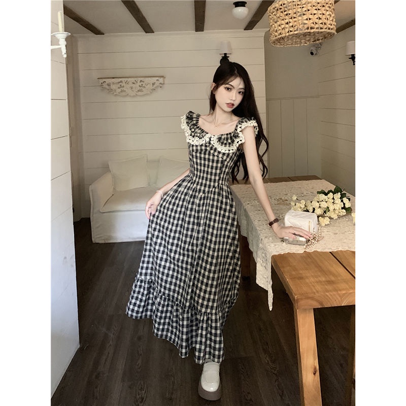 dress floral korea Gaun Renda Gaya Hepburn Musim Panas2023Gaun Lipit Kontrol Pinggang Retro