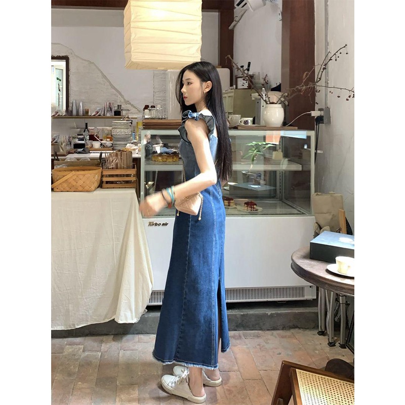 dress floral korea 70【Laut Dalam dan Biru】Gaun Berjumbai Lengan Terbang Wanita, Gaun Denim Gradien S