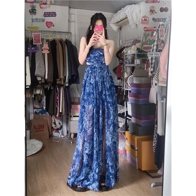 dress floral korea Rok Liburan Pinggang Ketat Tabung Cetak2023Gaun Elegan dengan Belahan Musim Panas