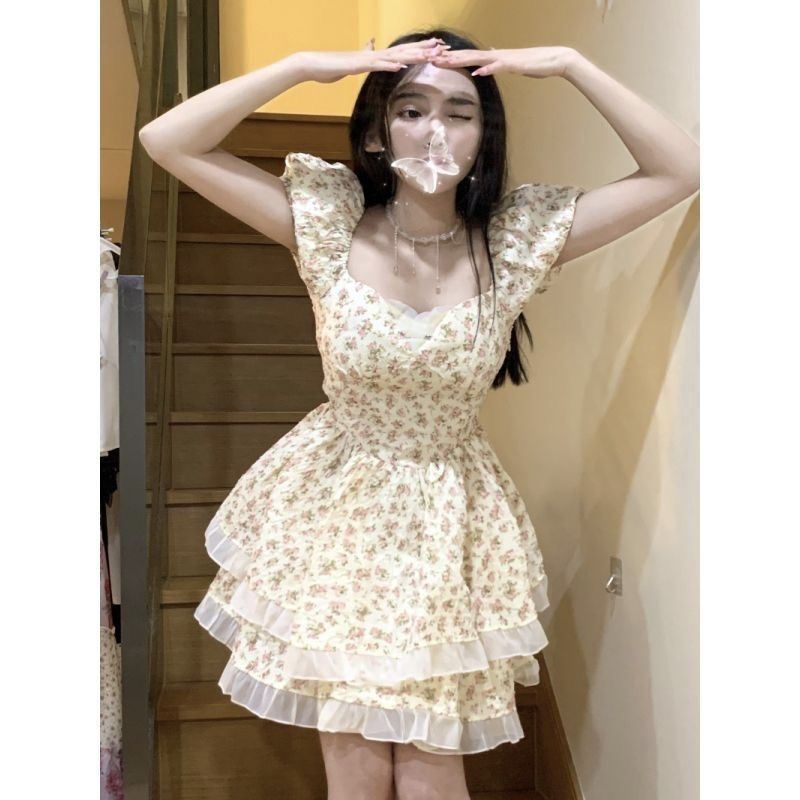 dress floral korea Rok Motif Bunga Pita Pinggang Pas, Rok Motif Bunga Simpul Kupu-kupu Gaya Keingina