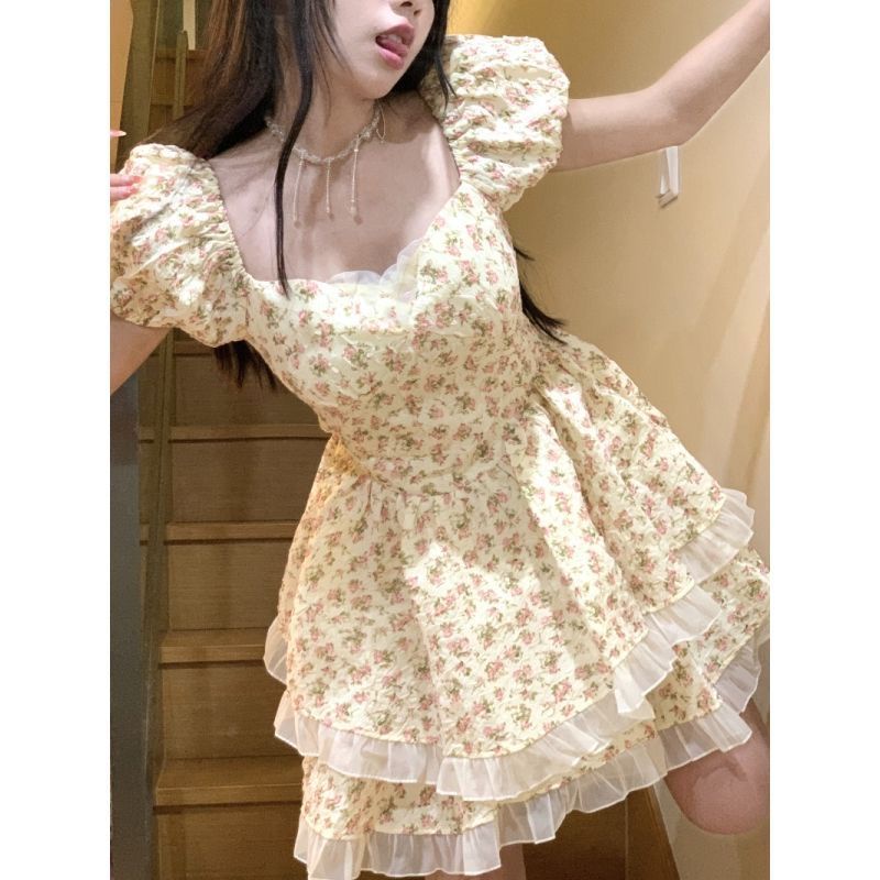 dress floral korea Rok Motif Bunga Pita Pinggang Pas, Rok Motif Bunga Simpul Kupu-kupu Gaya Keingina