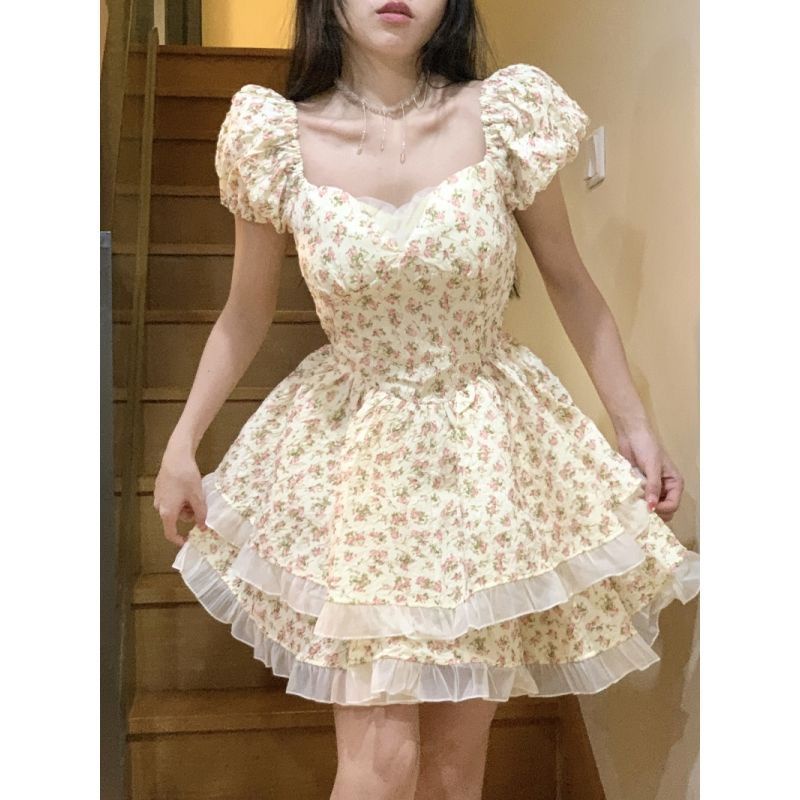 dress floral korea Rok Motif Bunga Pita Pinggang Pas, Rok Motif Bunga Simpul Kupu-kupu Gaya Keingina