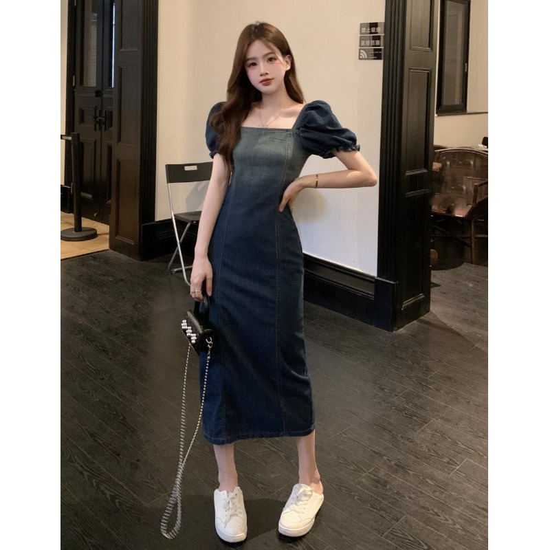 Red Rok one-piece musim panas pakaian wanita Korea all-match denim puff lengan pinggang pelangsing kecil A-line rok panjang sedang trendi