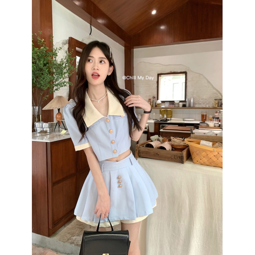 Red Xiaoxiangfeng biru high-end akal pendek lengan pendek top rok rok wanita musim panas 2023 mode baru set dua potong