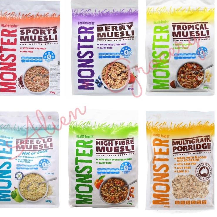 

✨STAR✨ Monster Muesli High Fibre Sports Tropical Free & Lo Berry Multigrain Porridge serbuuu !