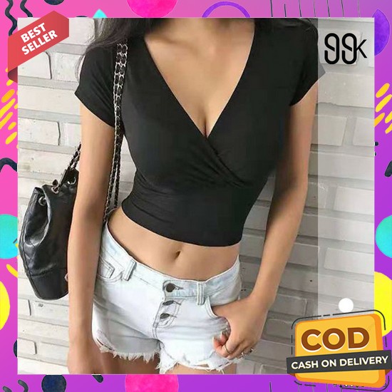 Smile Crop Top Wanita Bahan Baju Rajut Wanita Style Korea 4053 Sexy V-Neck T-Shirt Crop Top Kaos W