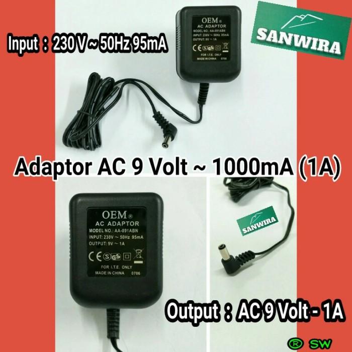 Terlaris Adaptor 9 Volt Ac ~ 1000Ma "Oem" ~ 230 V ~ 50 Hz 95Ma