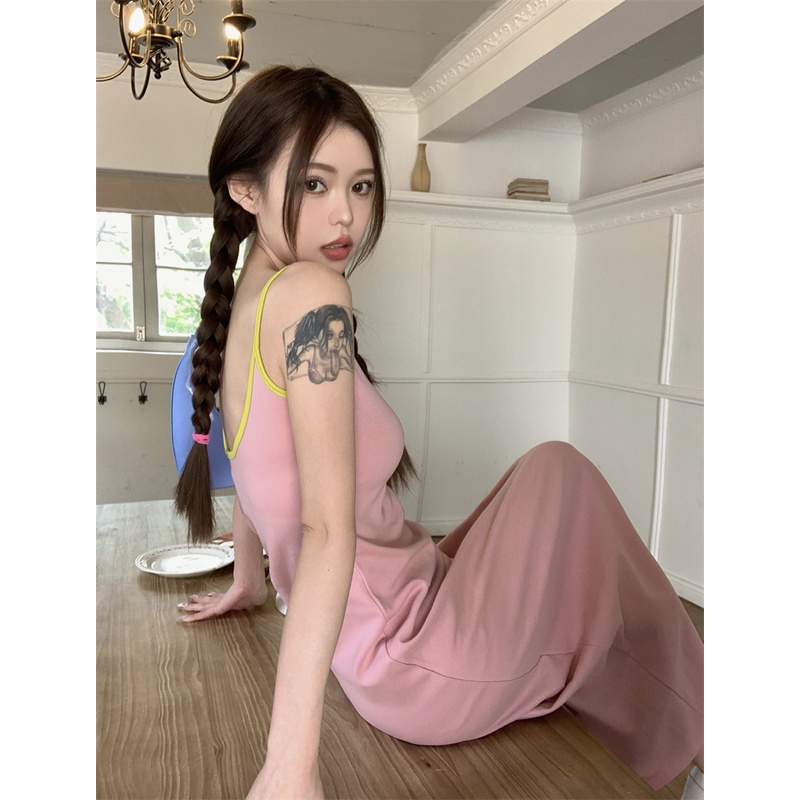 ❈✇▨gaun musim panas pantai keinginan murni hot girl pink sling gaun wanita musim panas warna kontras backless rok pinggang pelangsing rok panjang