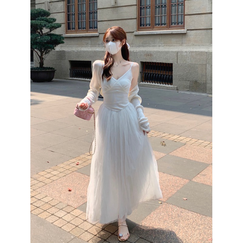 ✺♘✶gaun musim panas gaya balet pantai putih suspender rok feminitas pinggang mesh gaun musim semi dan musim panas selendang cardigan suit