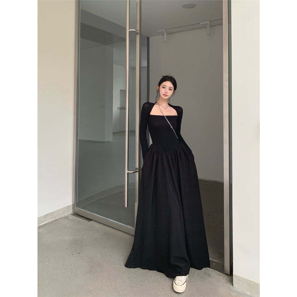 ❖☒☊gaun musim panas pantai gaya Hepburn pinggang ramping lengan panjang gaun musim semi rasa desain temperamen rok panjang rok hitam wanita