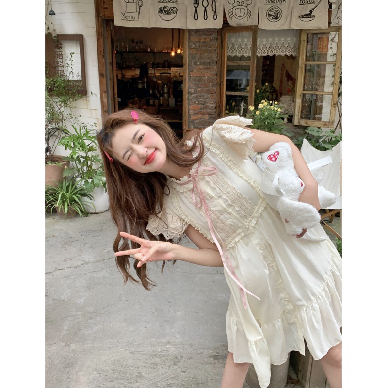 ✼▬✟dress summer beach sweet bow tie with wooden ear side flying sleeve dress female summer small person age reduction a-line skirt skirt