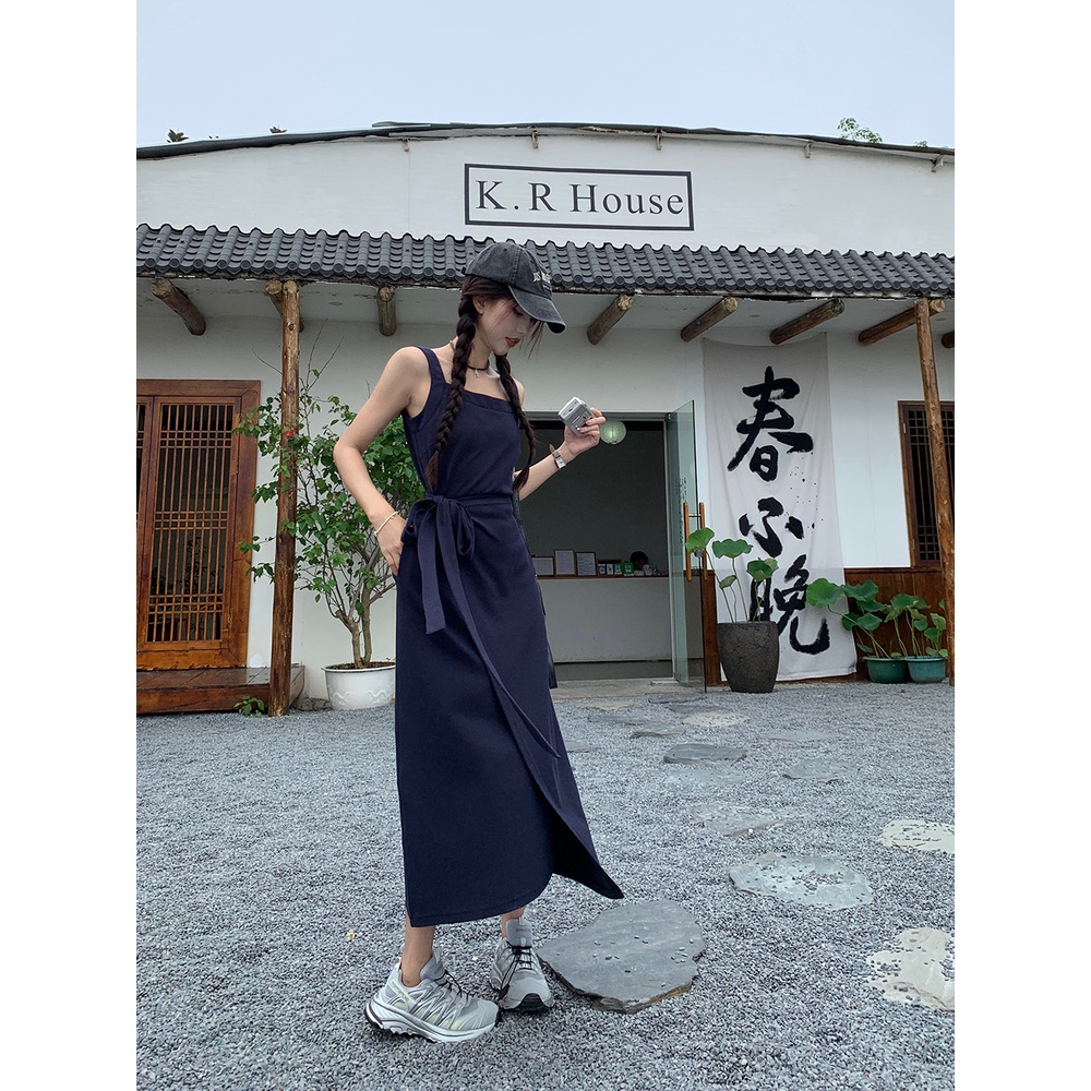 ✜✤❏gaun musim panas pantai abu-abu suspender rok kasual gaun musim panas wanita ceruk desain rompi rok tali slim slim rok panjang