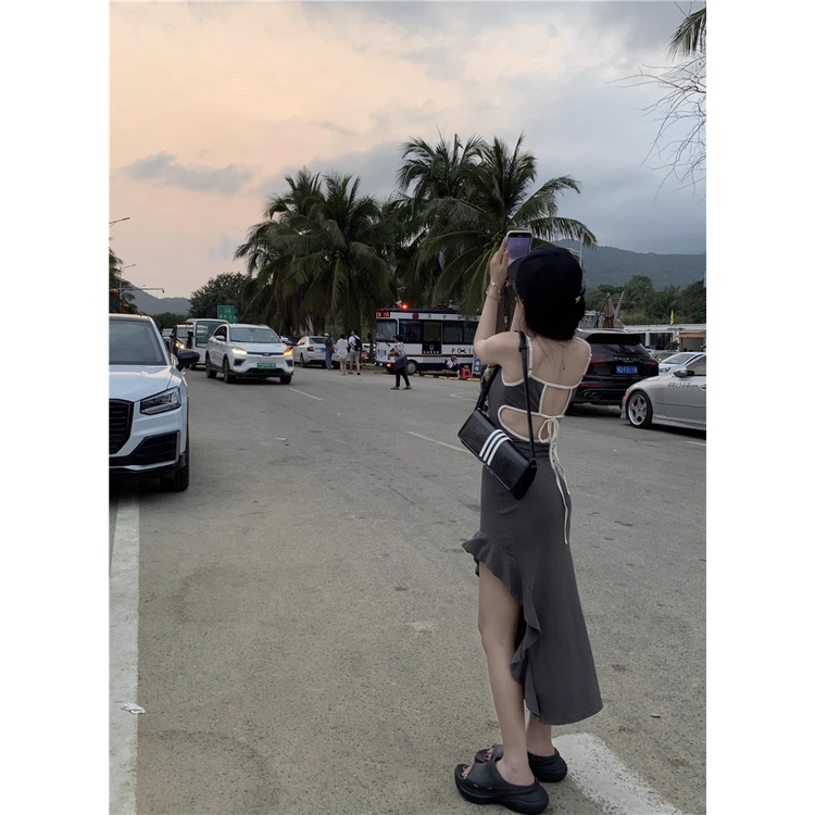 ❍▫✑gaun musim panas pantai pantai rok tali selempang liburan gaya rompi gaun wanita musim panas hot gadis backless tidak teratur celah rok tas pinggul rok