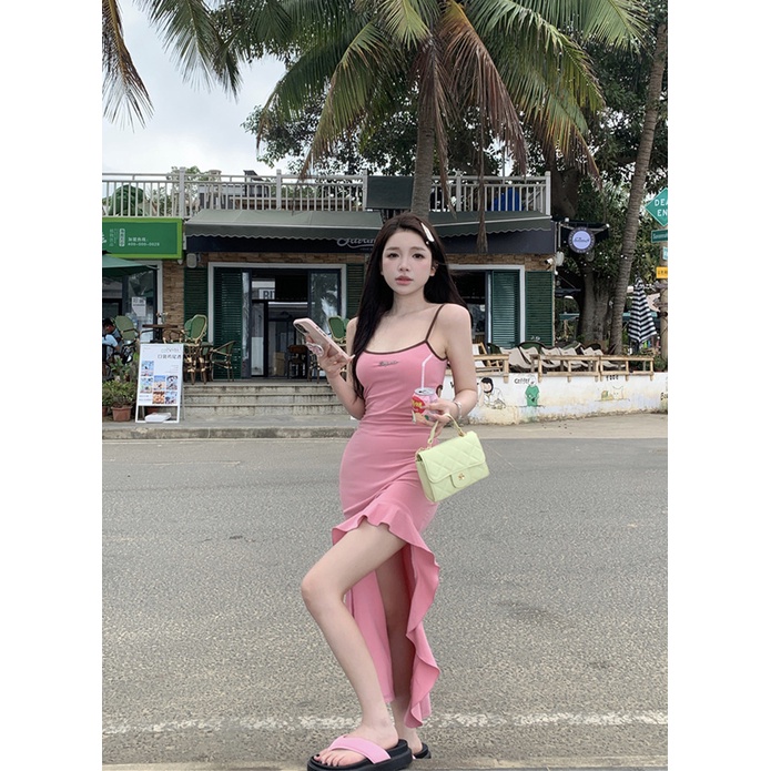 ❍▫✑gaun musim panas pantai pantai rok tali selempang liburan gaya rompi gaun wanita musim panas hot gadis backless tidak teratur celah rok tas pinggul rok