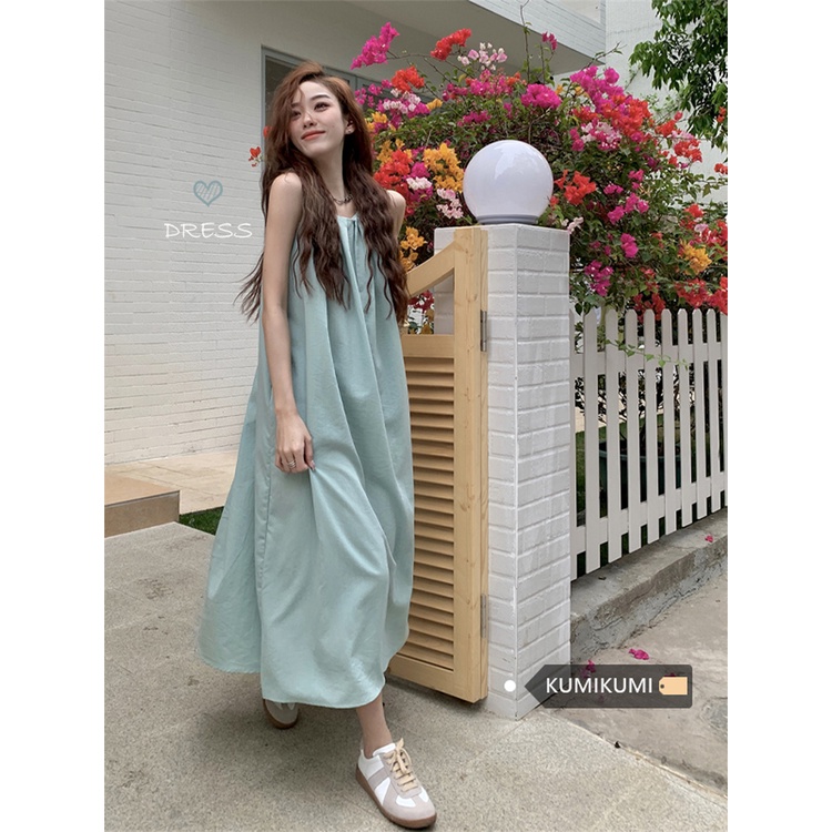 ♤◑gaun musim panas pantai Perancis rok pantai liburan gaun musim panas wanita ceruk desain rasa longgar tanpa lengan rok rompi rok panjang a-line