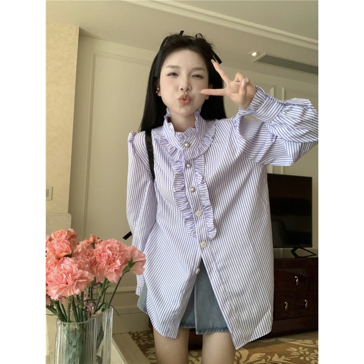 ✙Gaun Musim Panas Pantai College Temperamen Setelan Pria Kecil Lengan Panjang Bergaris Kemeja Musim Panas Wanita Berlapis Rompi Rok Gaun two-Piece Set