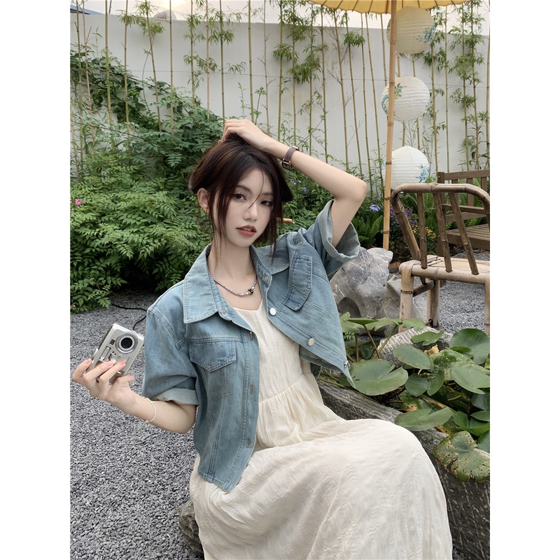 ✖☜Gaun Musim Panas Pantai Fashion Baju Lengan Pendek Kerah Polo Jaket Denim Musim Panas Wanita Lipit Suspender Gaun Dua Potong set