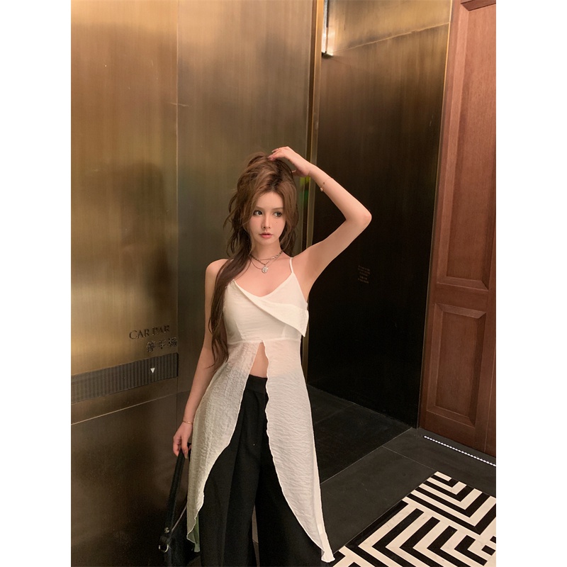 ✥☼cropped top holiday wind streamer white irregular vest suspenders summer mid-length blouse cross sleeveless outerwear top women #COD