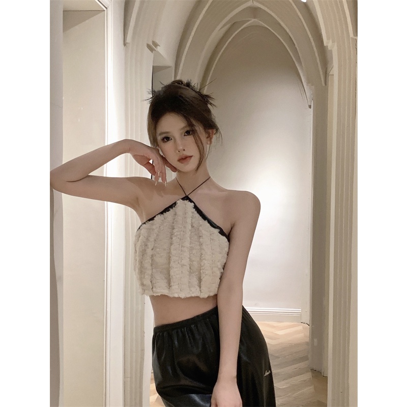 ☜☾cropped top disambung halter neck camisole hot girl plush top wanita musim semi dan musim panas short slim fit outer wear small sexy inner wear #COD