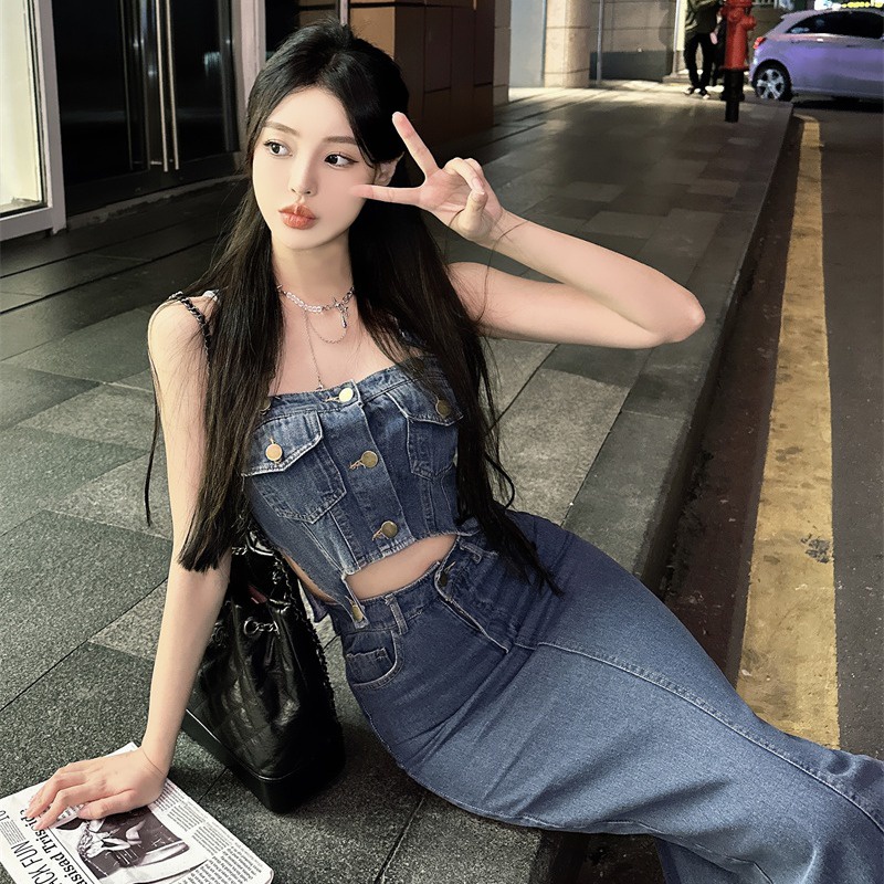 ✺⊕◇cropped top niche suit denim tube top camisole top wanita musim panas desain baru rasa tas celah pinggul rok rok #COD