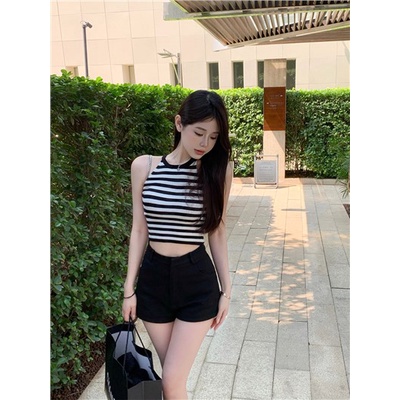 ☸✎cropped top leher bulat bergaris warna kontras rompi ramping tanpa lengan versi Korea atasan bertali bagian dalam terlihat tipis dasar musim semi dan musim panas gadis anti-selip #COD