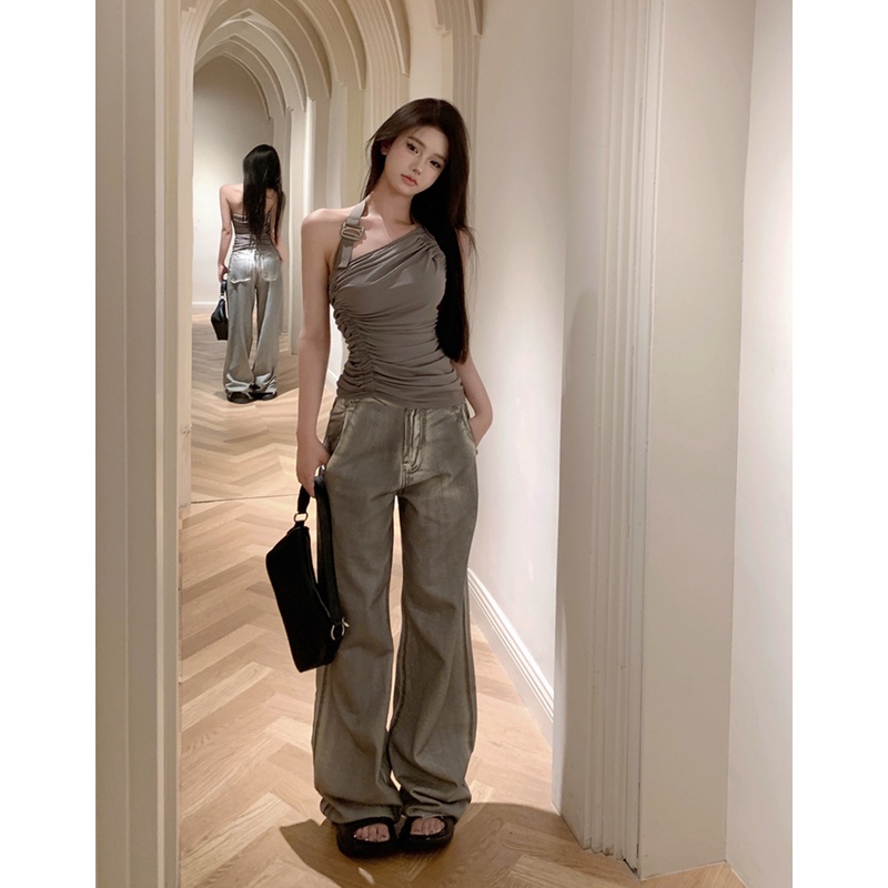 №cropped top baru musim panas lipit rompi tidak beraturan halter neck top suit warna kontras lurus mengepel lantai lebar kaki celana denim wanita #COD