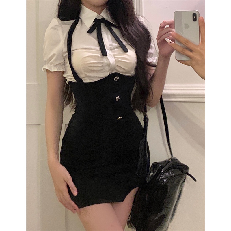 ❧Dipotong Atasan Gaya Korea Kerah Lengan Pendek Kemeja Kancing Atas Musim Panas Tinggi Pinggang Belahan Tas Hip Rok Suspender Baju Wanita #COD