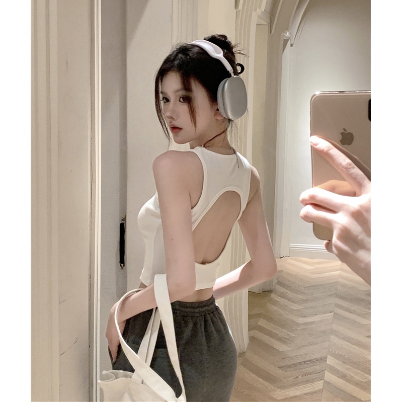 ☋cropped top keinginan murni rasa desain manis dan pedas leher bulat pakaian luar bottoming vest camisole top wanita musim panas tanpa lengan pendek slim fit retro #COD