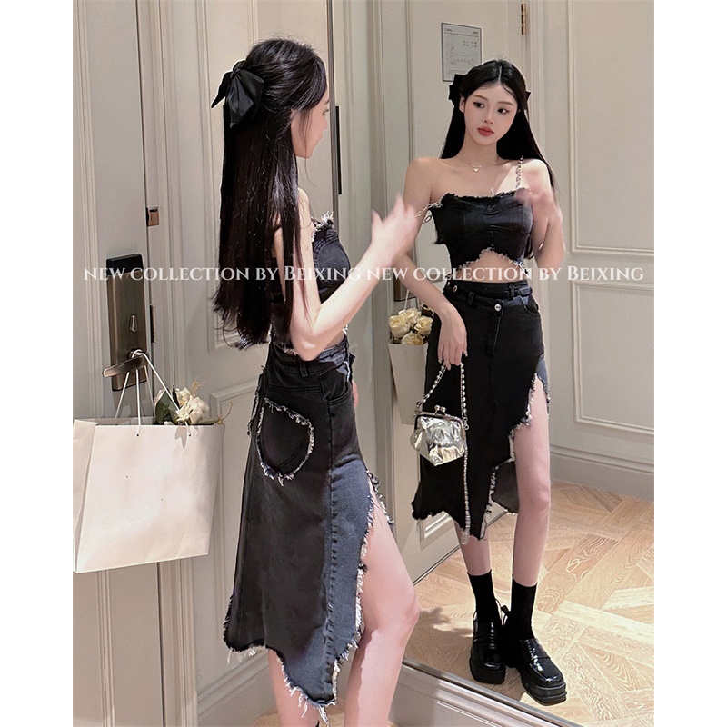 ◘Dipotong top denim tube top rantai tanpa lengan rompi kamisol top seksi musim panas tas pinggul rok celah setelan rok wanita #COD