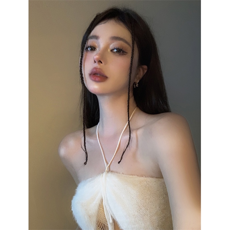 ❒cropped top babes putih halterneck suspender top perspektif sexy strapless bottoming rompi pendek pakaian luar wanita keinginan murni musim panas #COD