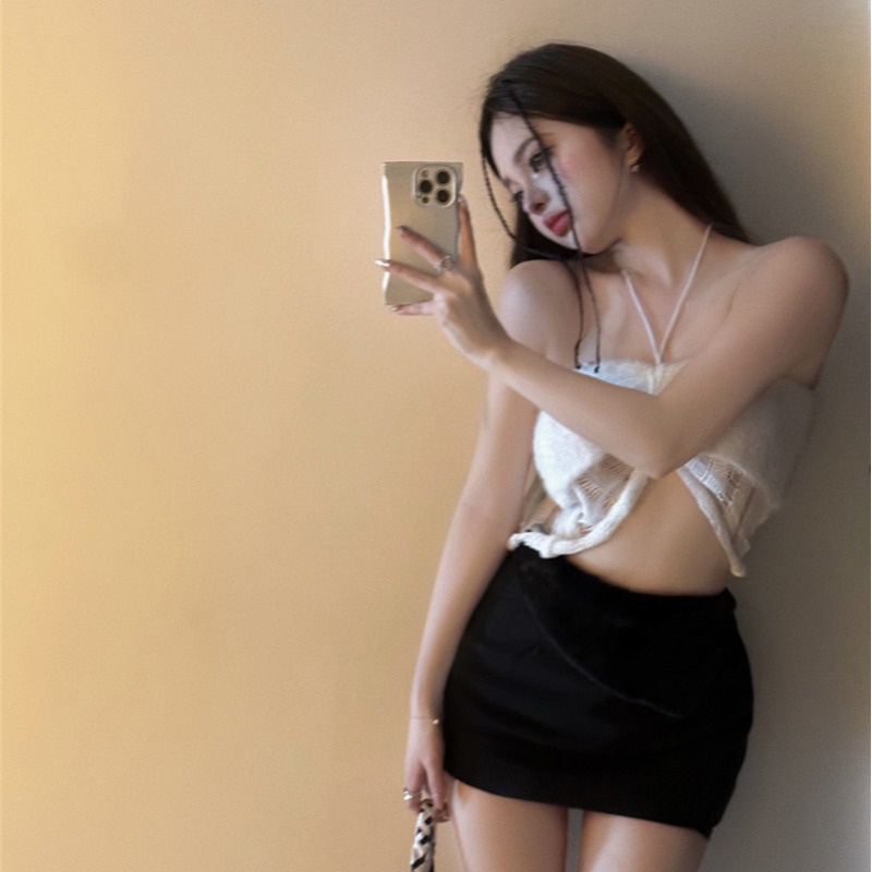 ❒cropped top babes putih halterneck suspender top perspektif sexy strapless bottoming rompi pendek pakaian luar wanita keinginan murni musim panas #COD