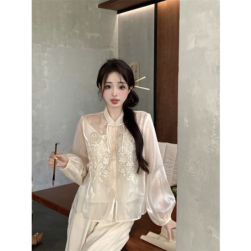 ☾►▽Cropped top baru gaya Cina stand-up kerah tombol lengan panjang kemeja sifon lengan lentera kemeja top wanita musim panas setelan kamisol dalam #COD