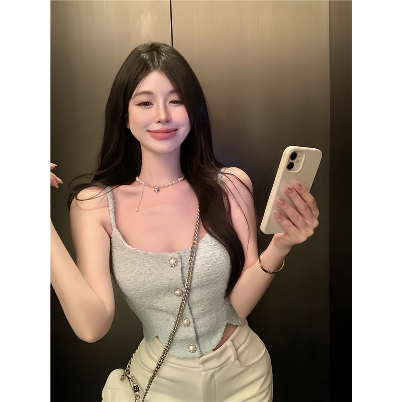 ₪cropped top Xiaoxiangfeng Kamisol Tidak Teratur Tanpa Lengan Biru Inner Spice Girl Pendek Top Wanita Single Breasted Jacquard Musim Panas #COD