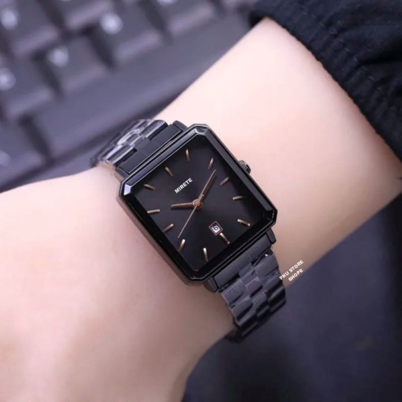 NEW Fashion Jam Tangan Wanita Kekinian Tampilan Cantik Mirete Original Kualitas Import Tahan Air Mewah Dan Elegan | Jam Tangan Wanita Tanggal Aktif Free Batre Cadangan | Jam Tangan Cewek Water Resistant Full Hitam Model Persegi COD